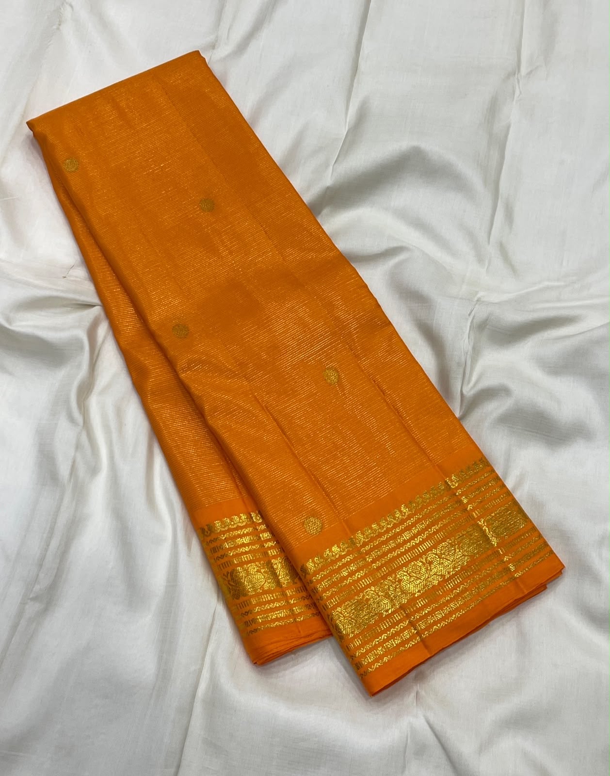 Radiant Marigold Orange KanchiPattu silk saree, border close-up detail — Idam Living
