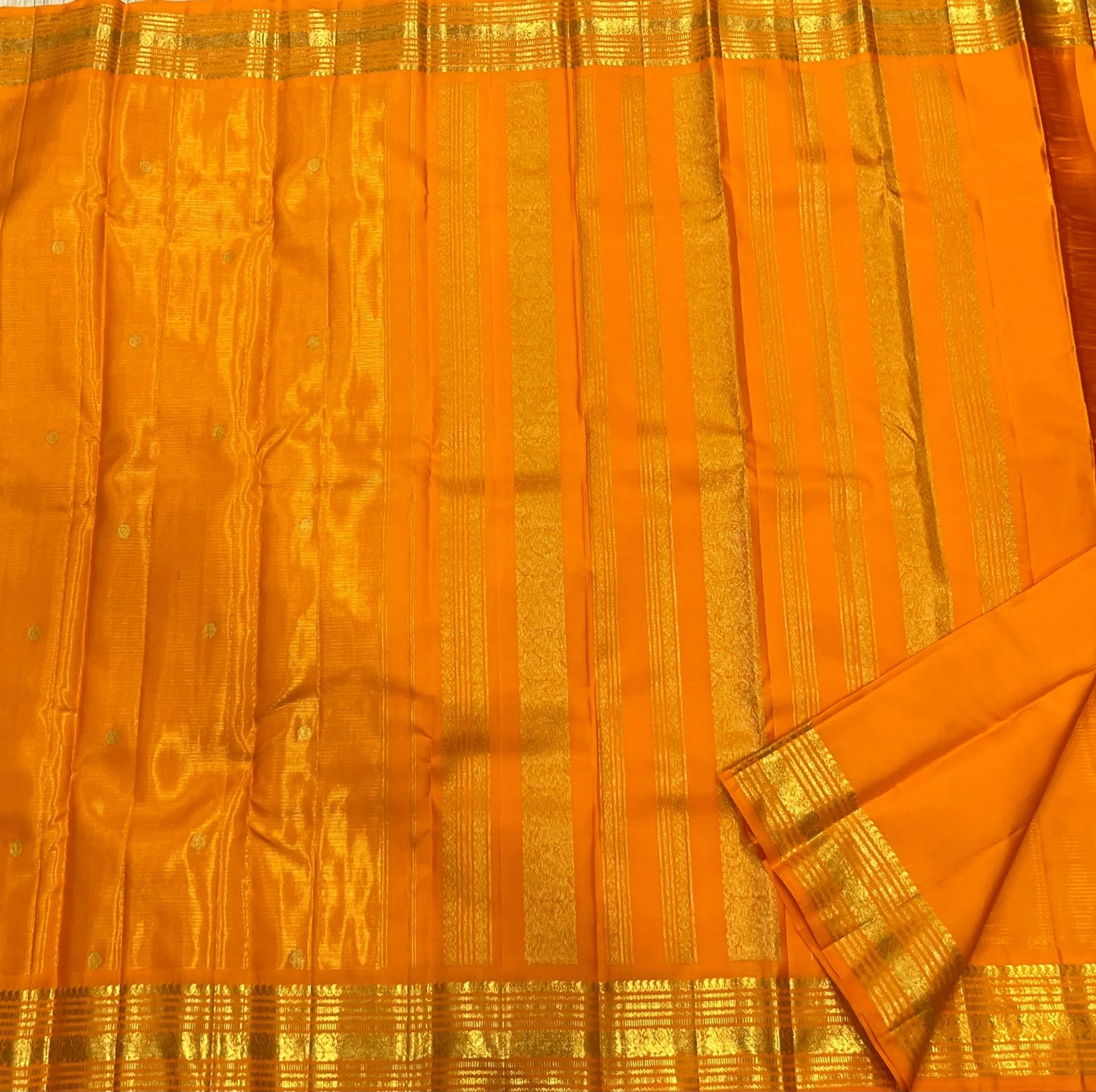 Radiant Marigold Orange KanchiPattu silk saree, pallu detail — Idam Living