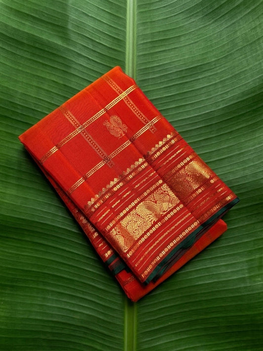 Radiant Orange Zari Kattam Pure Kanchipuram Silk Saree