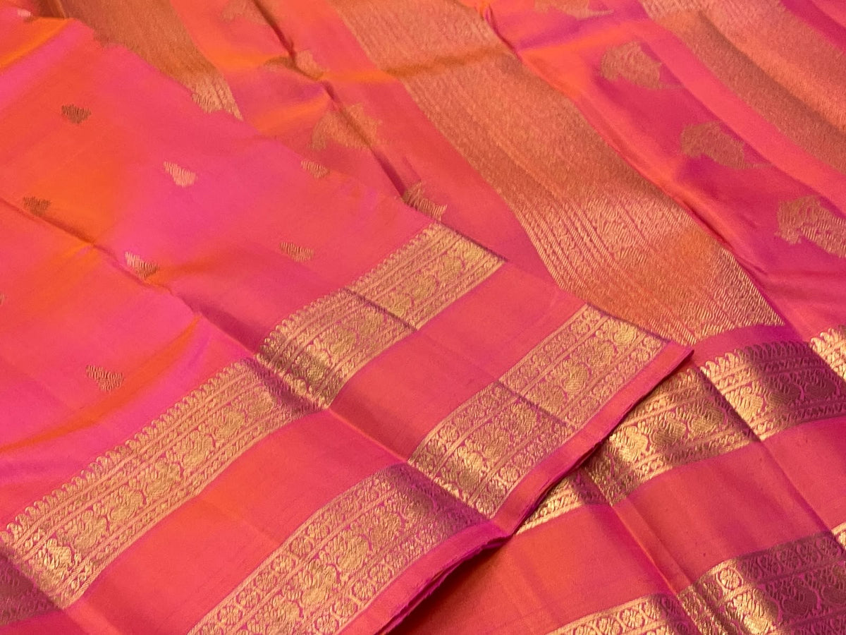 Radiant Orange Pink Shot Colour Handwoven Pure Silk Kanjeevaram Rettapet Saree with Gold Zari Border
