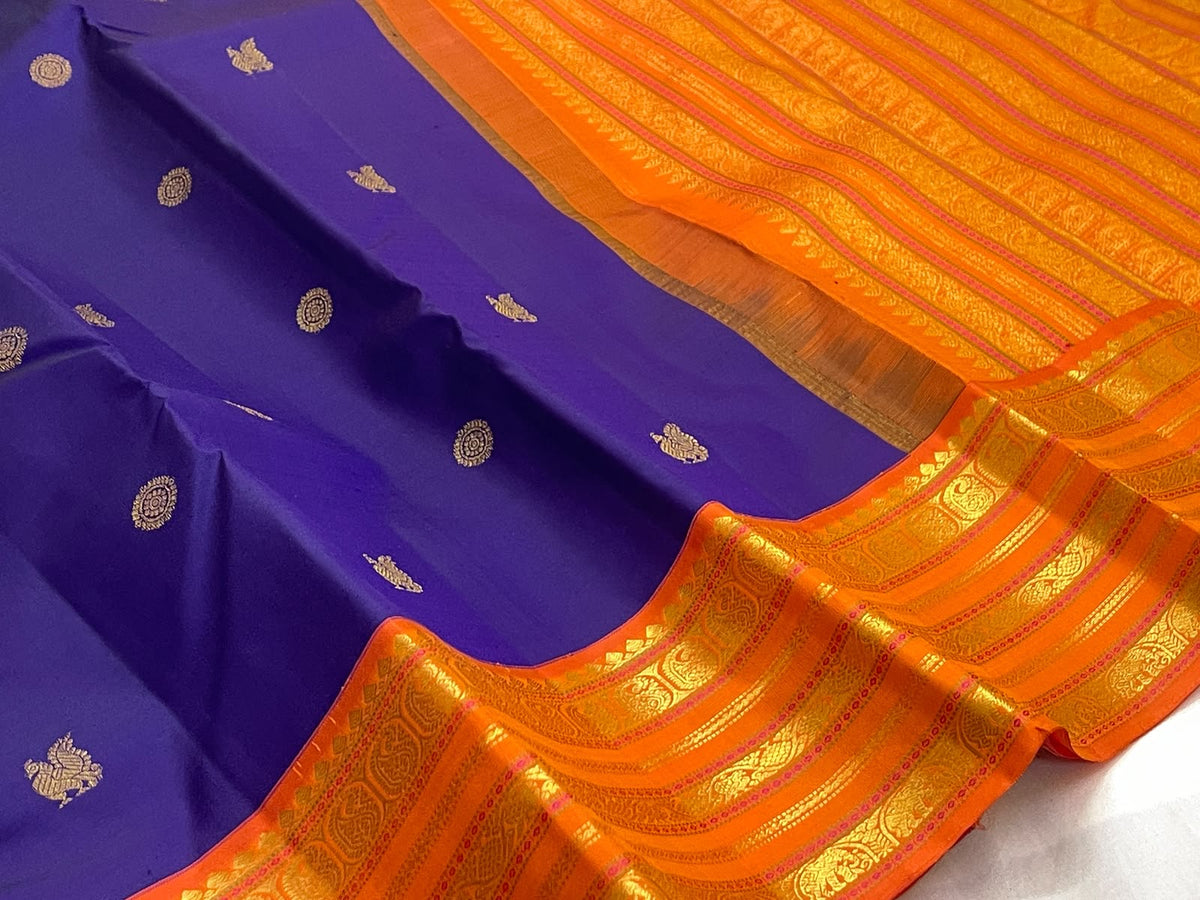 Pure Silk Kanchipuram Korvai saree with radiant orange antique gold zari border