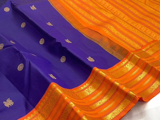 Pure Silk Kanchipuram Korvai saree with radiant orange antique gold zari border