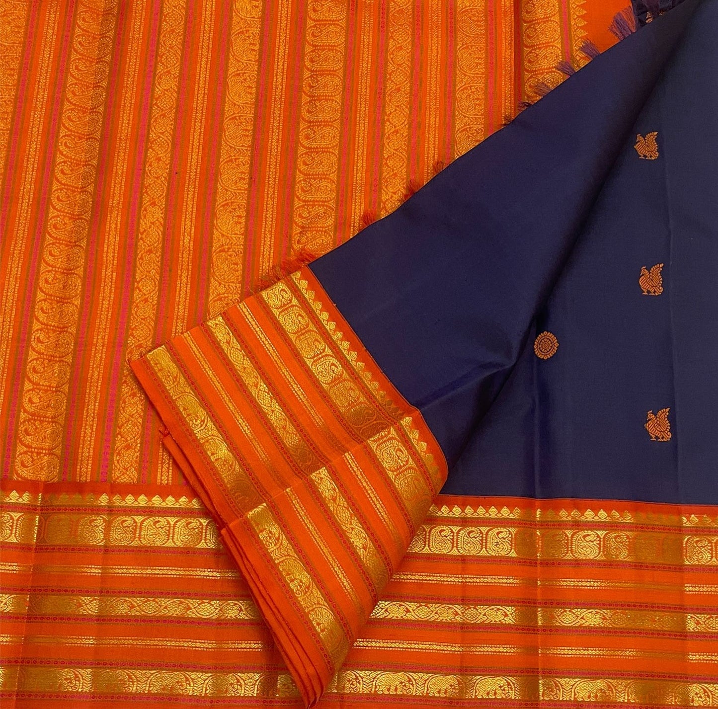 Pure Silk Kanchipuram Korvai saree with radiant orange antique gold zari border