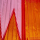 Close-up of ettukol red and gold flame motifs on radiant pink Kanchipuram pure silk saree — Idam Living