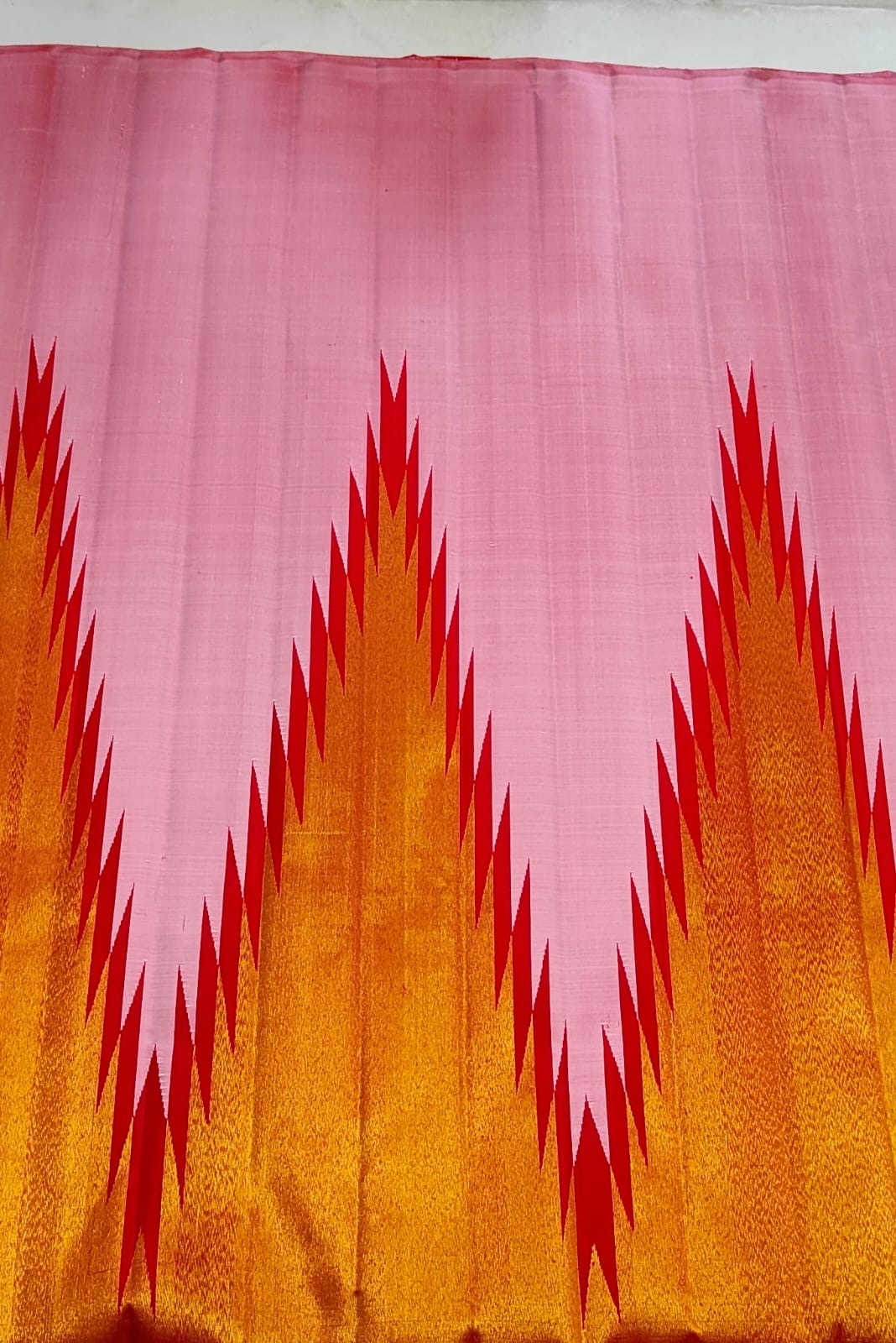 Radiant pink handwoven Kancheepuram pure silk saree with ettukol gold zari and red flame border — Idam Living