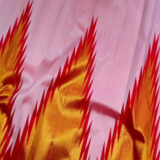 Full view of radiant pink Kanchipuram silk saree with ettukol gold zari border — Idam Living