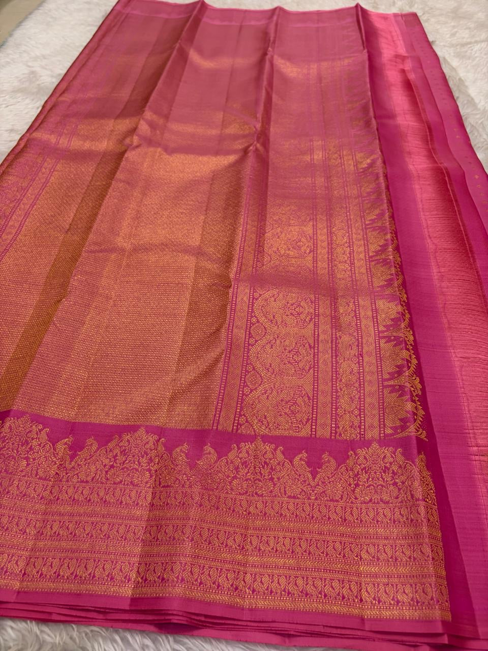Radiant pink Kanchipuram silk saree with zari woven butta and self-colour peacock border — Idam Living