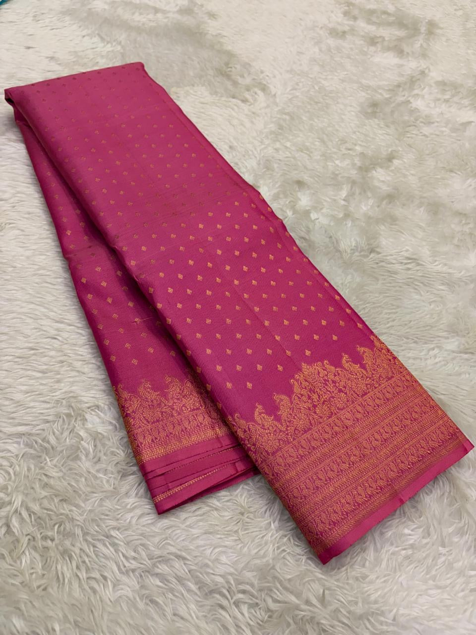 Radiant pink Kanjeevaram saree with all-over gold zari woven butta and peacock border — Idam Living