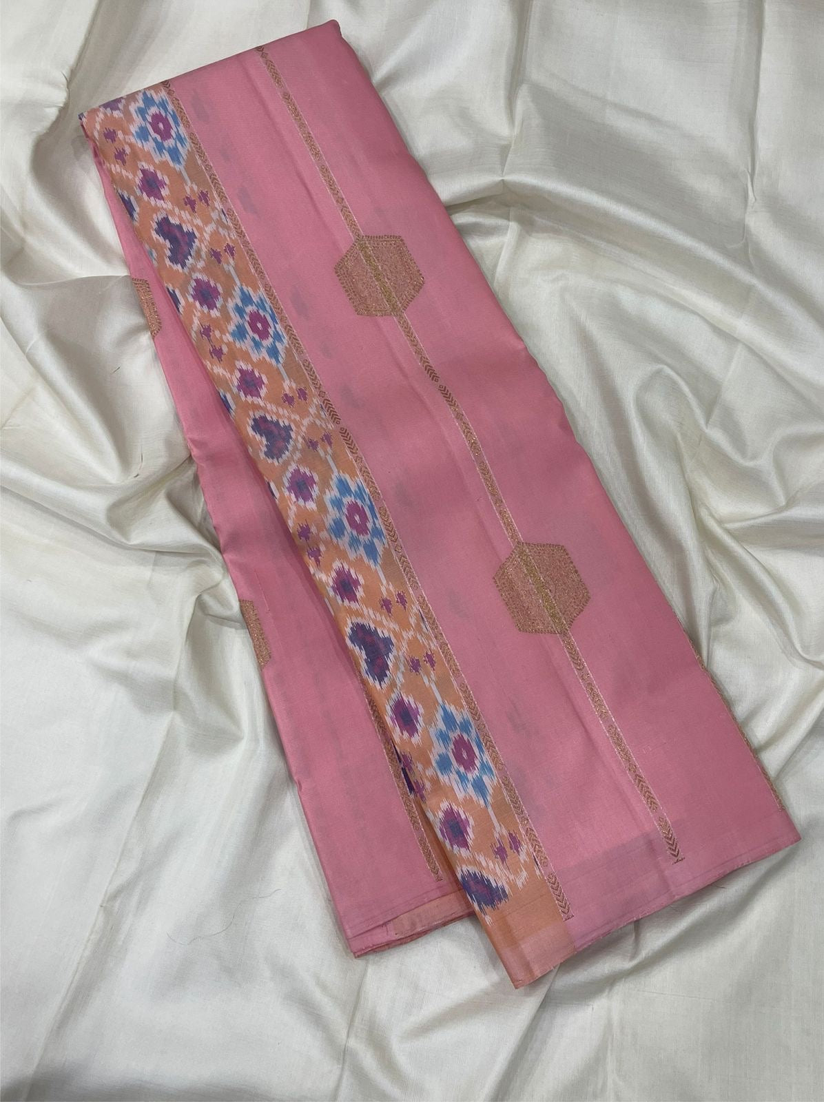 Radiant Pink Butta Kanjipuram Silk Saree with Pochampally Border and Hexagonal Silk Thread Butta