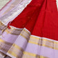 Radiant red Kanjeevaram silk saree with pale lavender and gold zari pallu