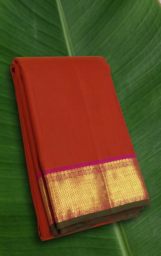 Radiant red orange handwoven pure silk Kanjivaram saree with raspberry pink korvai border – Idam Living