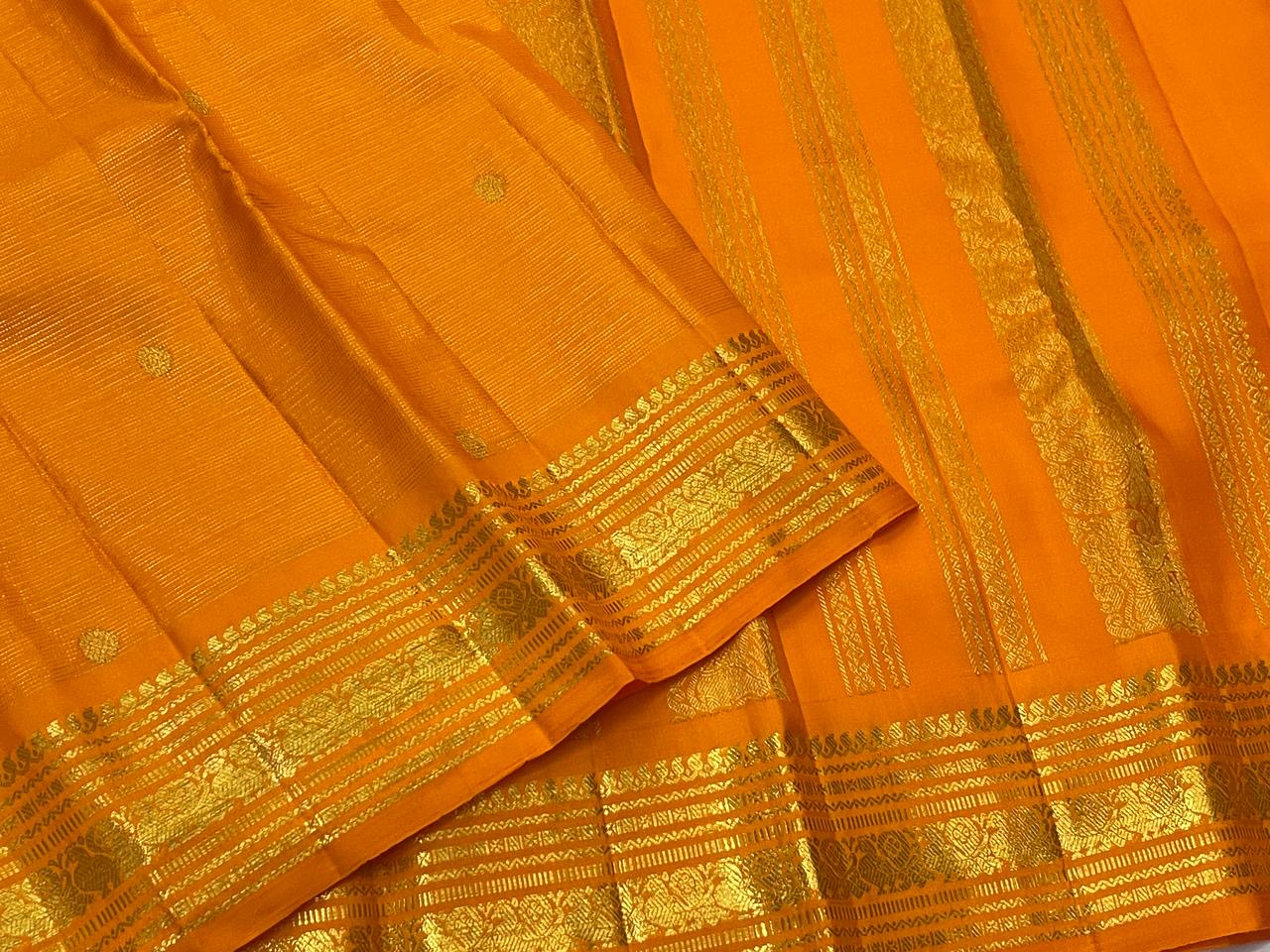 Radiant Saffron Orange handwoven pure silk Kanchipuram Vairaoosi saree with Vintage 2gram zari lines.