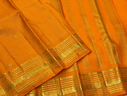 Radiant Saffron Orange handwoven pure silk Kanchipuram Vairaoosi saree with Vintage 2gram zari lines.