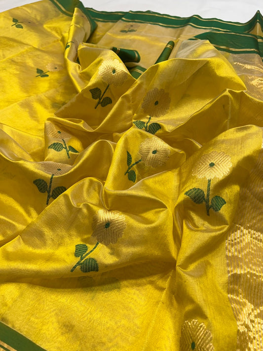 Folded view of Radiant Sunflower Yellow Pure Silk Chanderi Saree with Green Border Gold Butta  Border