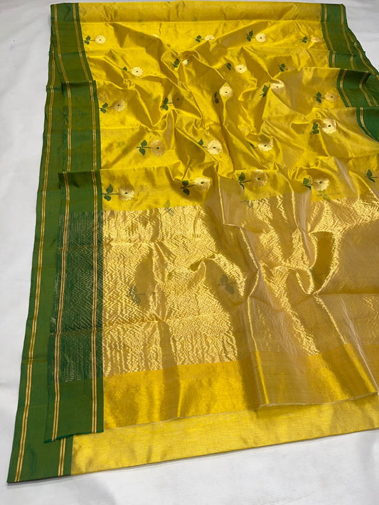 Draped view of Radiant Sunflower Yellow Pure Silk Chanderi Saree with Green Border Gold Butta  Border