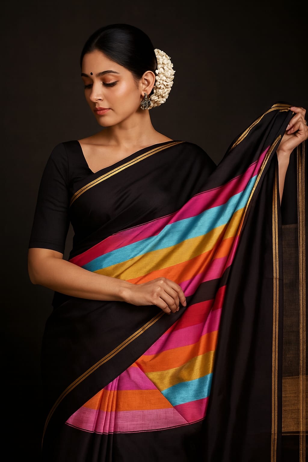 Multicolour Rainbow Handwoven Pure Silk Kanchipuram Saree with Black Zari Border