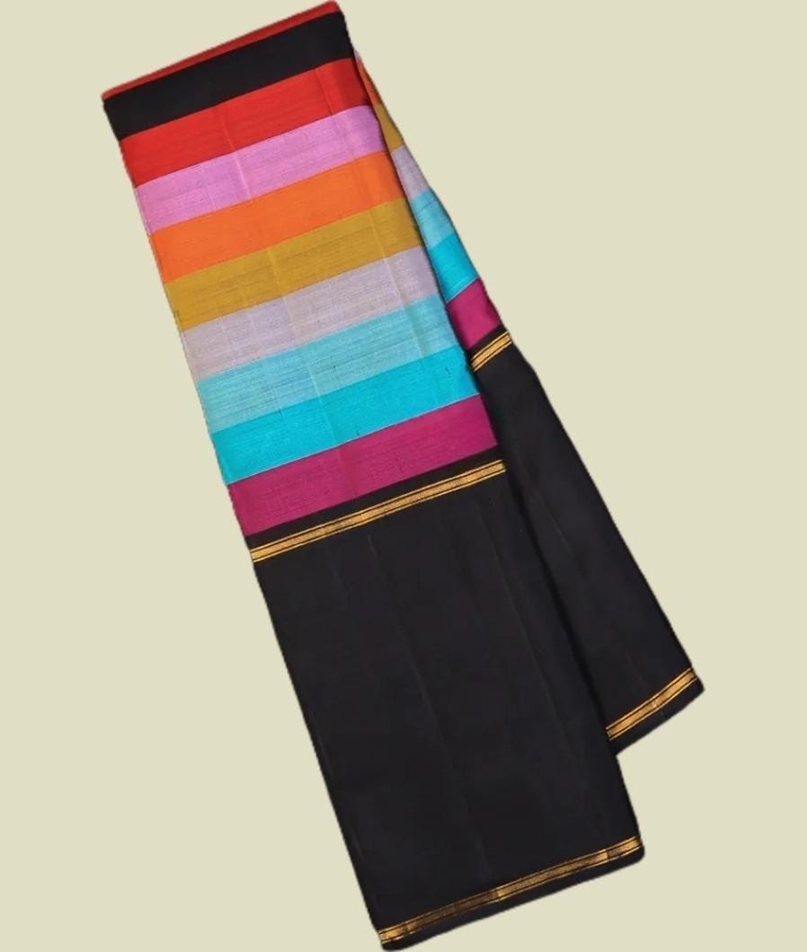 Multicolour Rainbow Handwoven Pure Silk Kanchipuram Saree with Black Zari Border