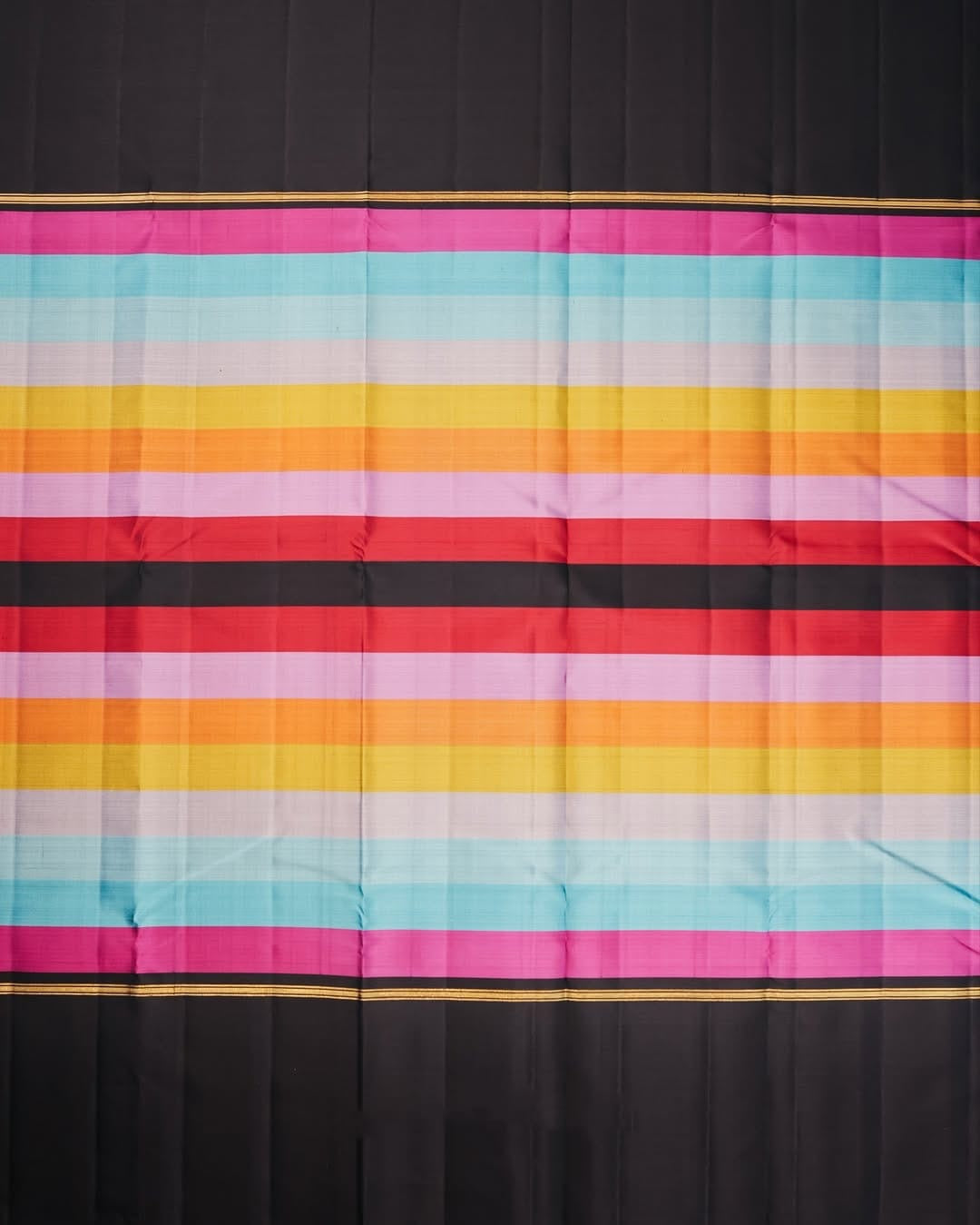 Multicolour Rainbow Handwoven Pure Silk Kanchipuram Saree with Black Zari Border