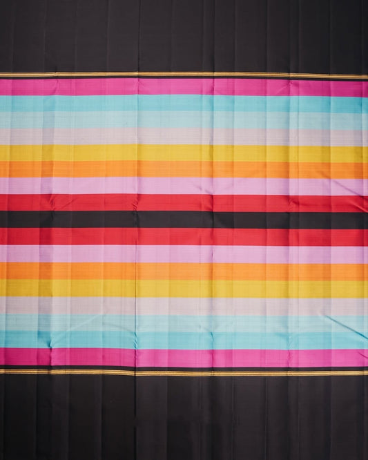 Multicolour Rainbow Handwoven Pure Silk Kanchipuram Saree with Black Zari Border