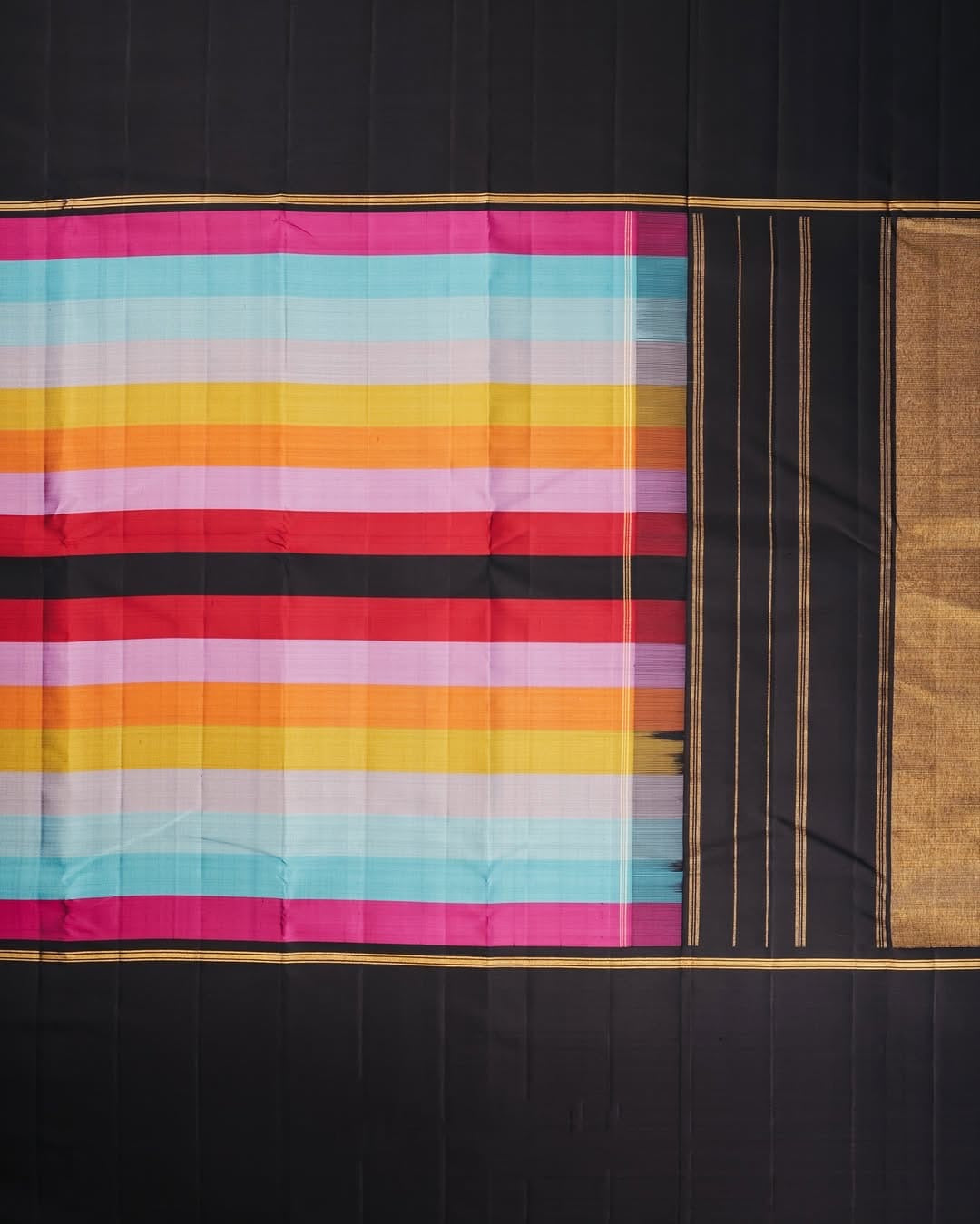Multicolour Rainbow Handwoven Pure Silk Kanchipuram Saree with Black Zari Border