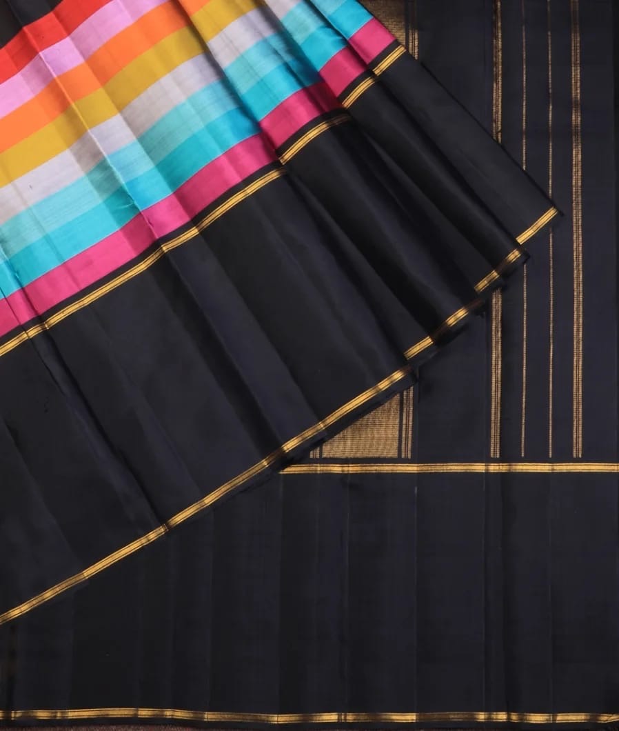 Multicolour Rainbow Handwoven Pure Silk Kanchipuram Saree with Black Zari Border