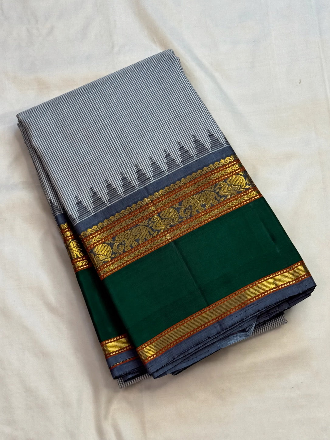 Smoky Grey and Bottle Green handwoven pure silk Kanchipuram Kanchi Kattam saree, full view