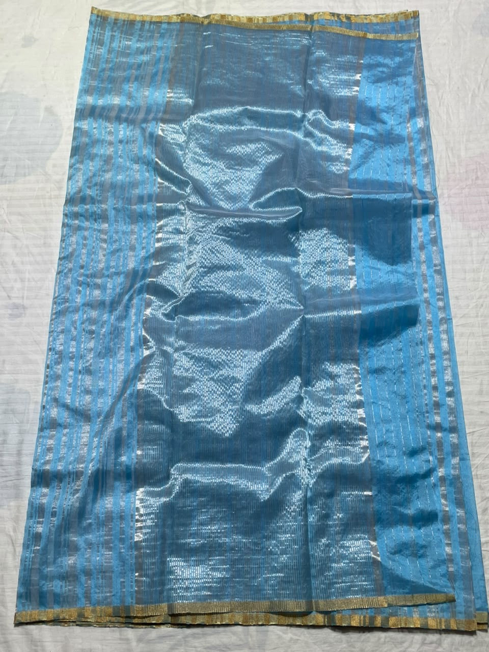 Ramar Blue Chanderi saree with silver-toned linear weave
