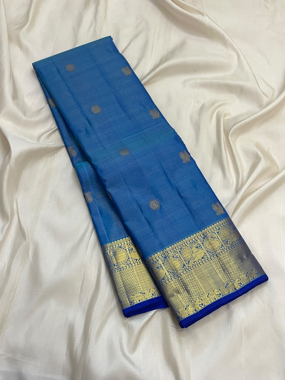 Ramar Blue Pure Silk Kanchipuram Vairaoosi Saree with Silver Zari Pettu