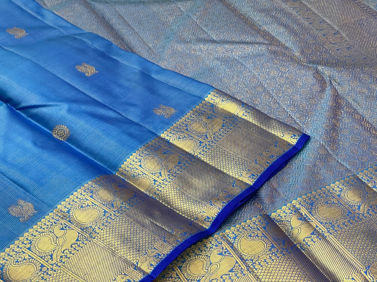 Ramar Blue Pure Silk Kanchipuram Vairaoosi Saree with Silver Zari Pettu