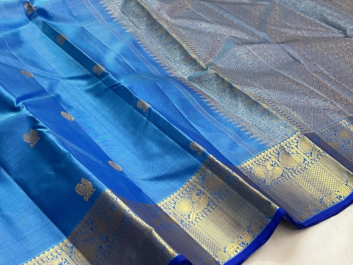 Ramar Blue Pure Silk Kanchipuram Vairaoosi Saree with Silver Zari Pettu