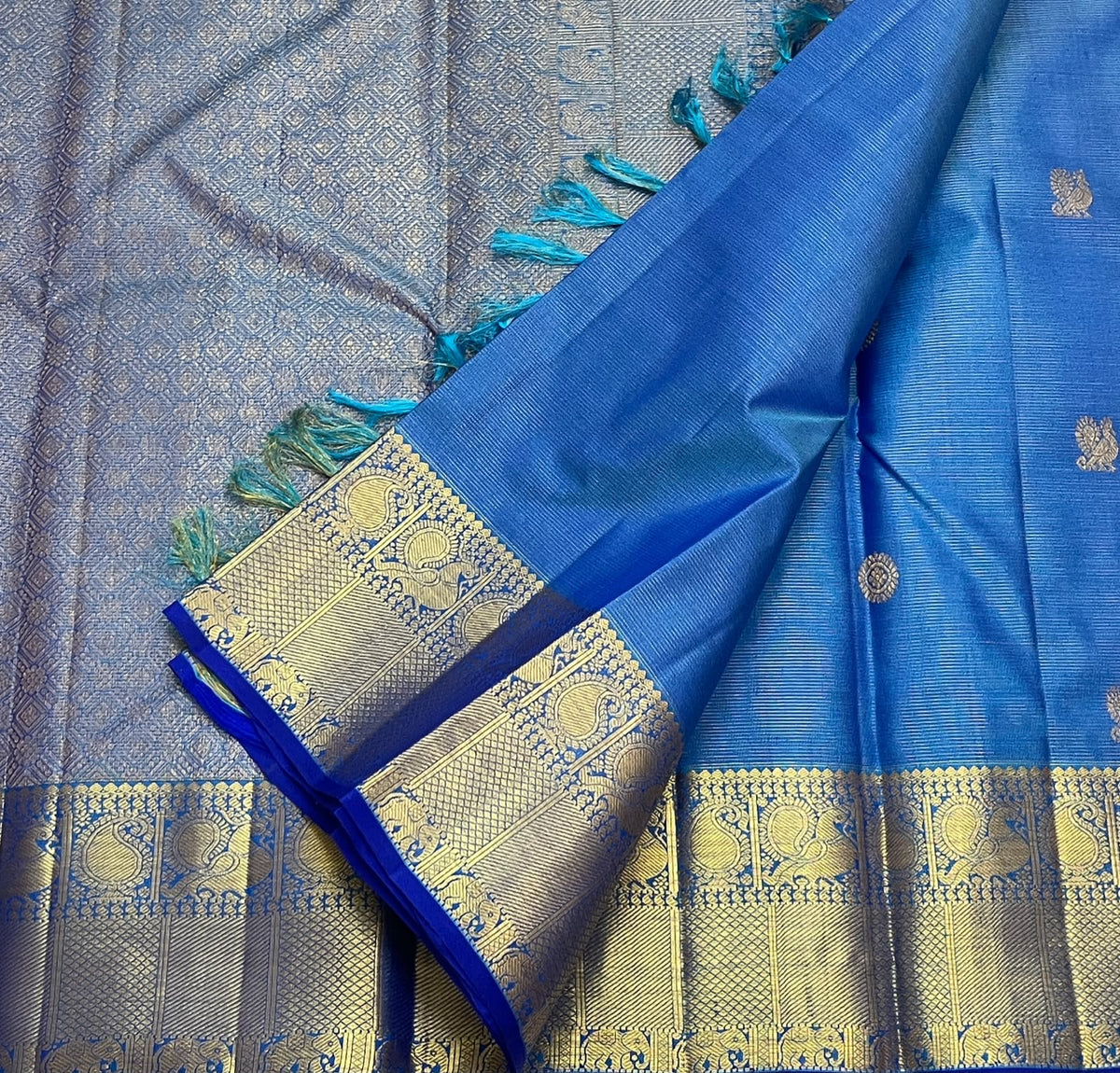 Ramar Blue Pure Silk Kanchipuram Vairaoosi Saree with Silver Zari Pettu
