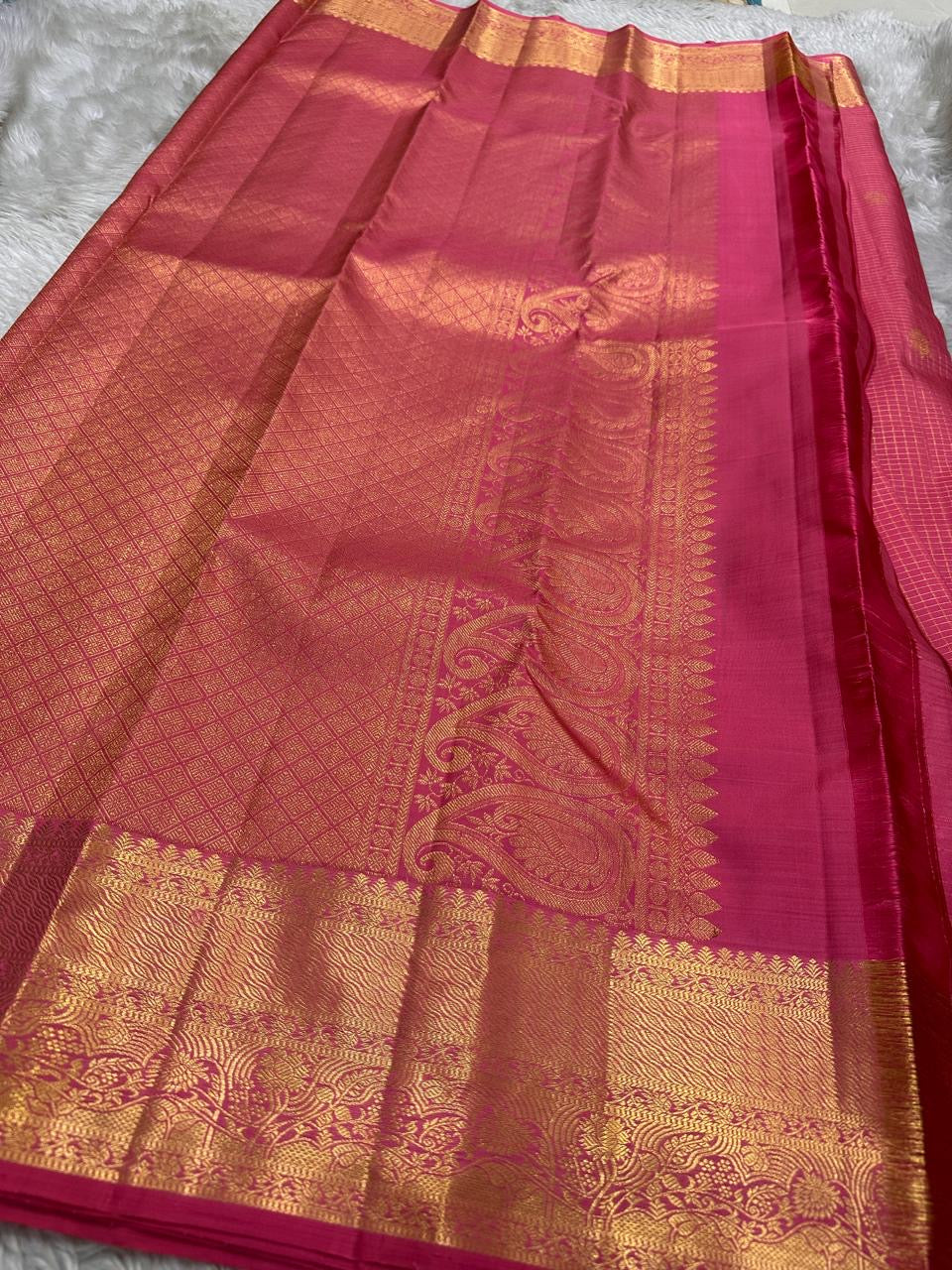 Rani Pink pure mulberry silk saree with intricate antique-gold floral zari border.