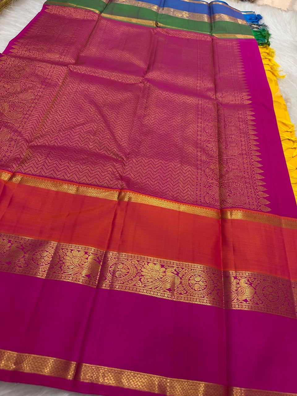 Turmeric Marigold Handwoven Pure Silk Kanchipuram Saree with Varnajaalam Multicolour Border