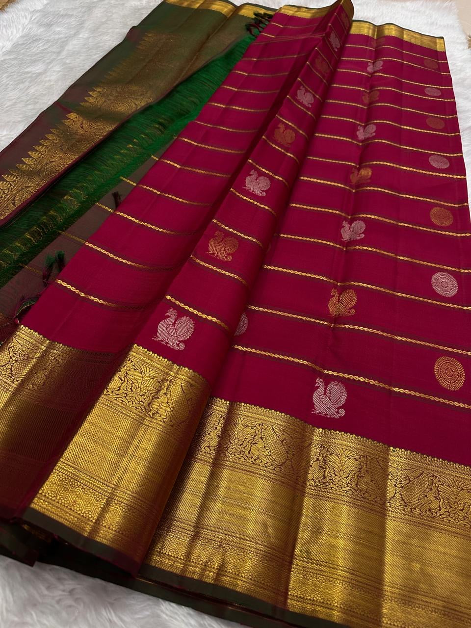 Rani pink antique gold Kanchipuram silk saree with Veldhari Korvai weave and Kamalam butta — Idam Living