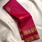 Pomegranate Pink Kanchipuram silk saree with fine antique-gold Zari Kattam check pattern.