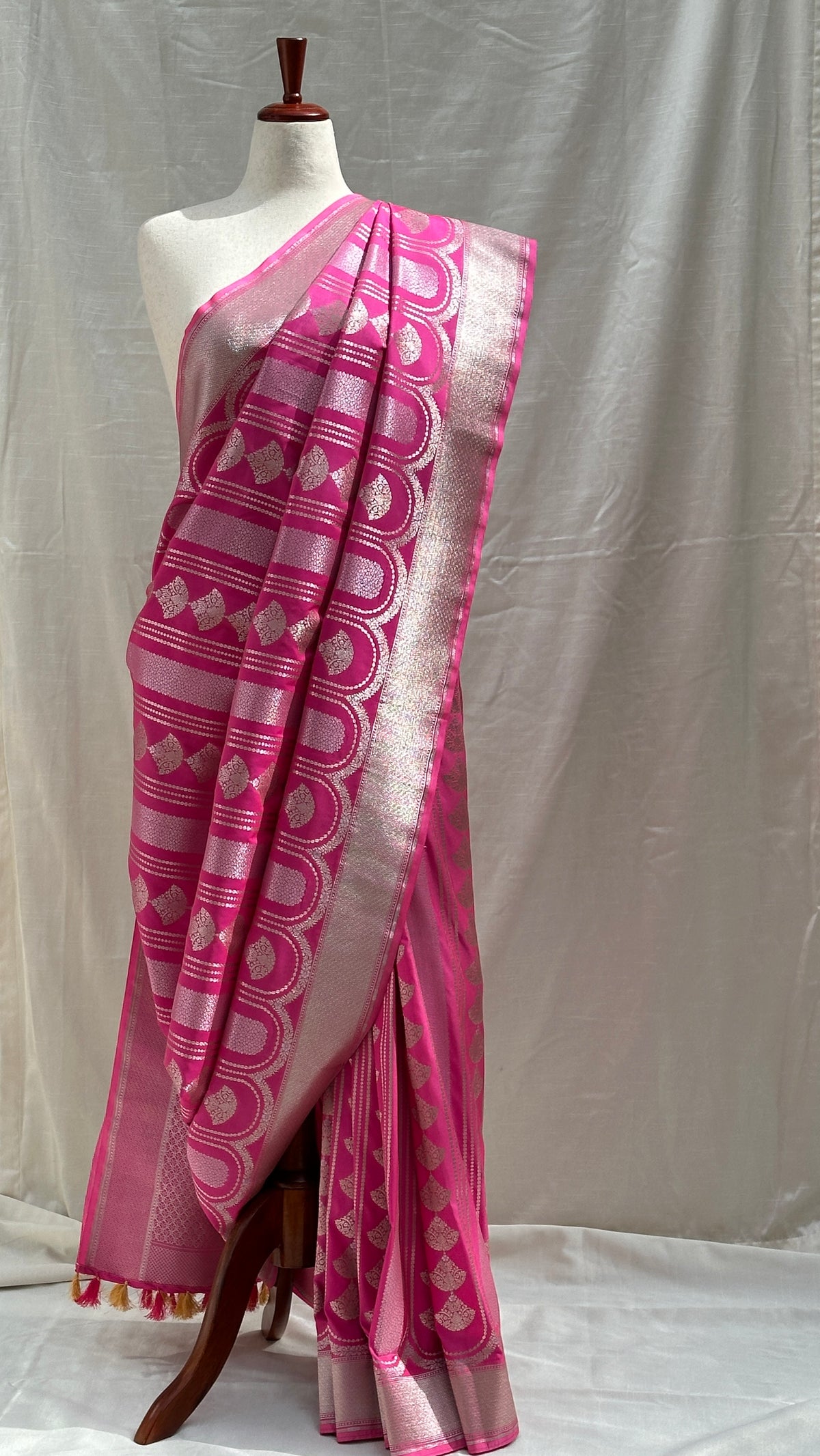 Rani Pink Banarasi handloom saree with Sona Rupa silver and gold zari detailing