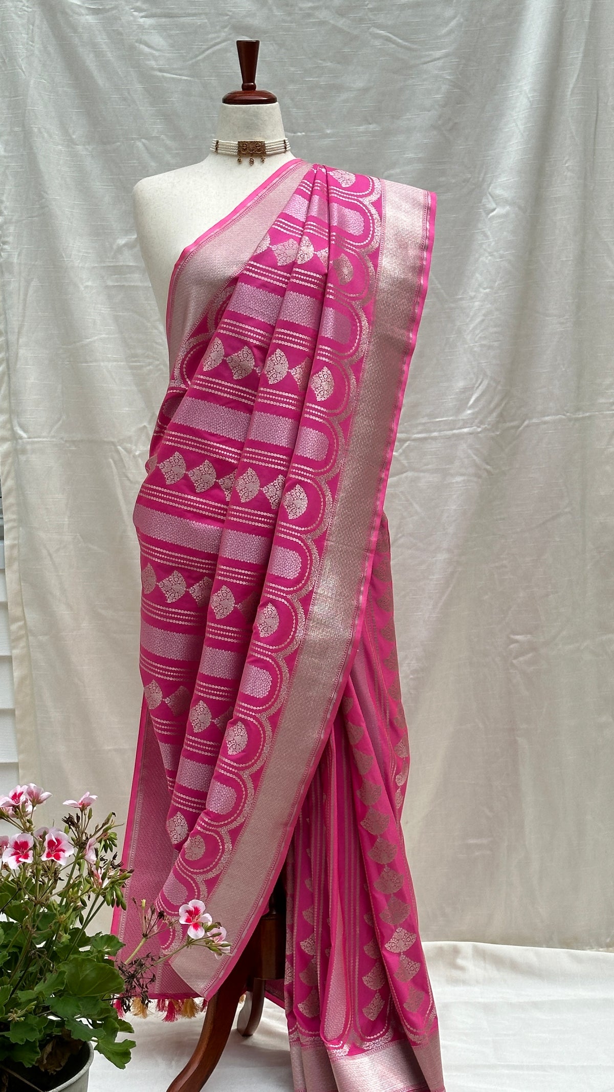 Rani Pink Banarasi handloom saree with silver and gold Sona Rupa zari border