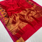 Vermilion Red Chanderi silk saree with Rani Pink edging, floral border and broad fine gold-toned woven pallu