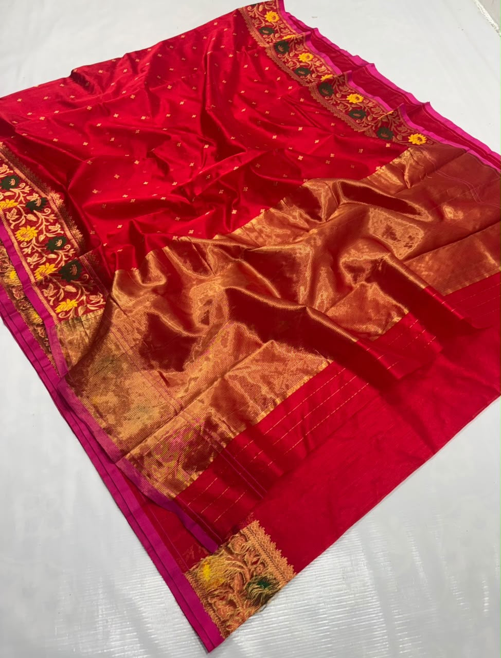 Vermilion Red Chanderi silk saree with Rani Pink edging, floral border and broad fine gold-toned woven pallu