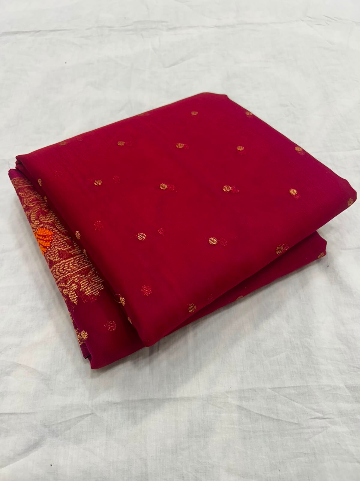 Rani Pink Chanderi saree with floral gold woven border