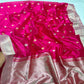 Rani Pink Pattu Silk Chanderi saree showing gold leaf buttas, metallic border and textured woven pallu.
