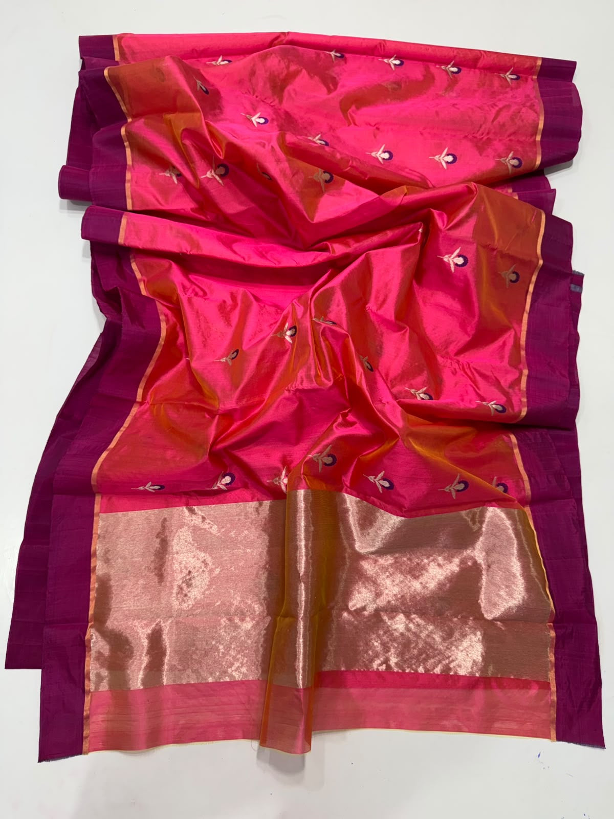 Rani pink Chanderi Pattu Silk saree with floral buttas