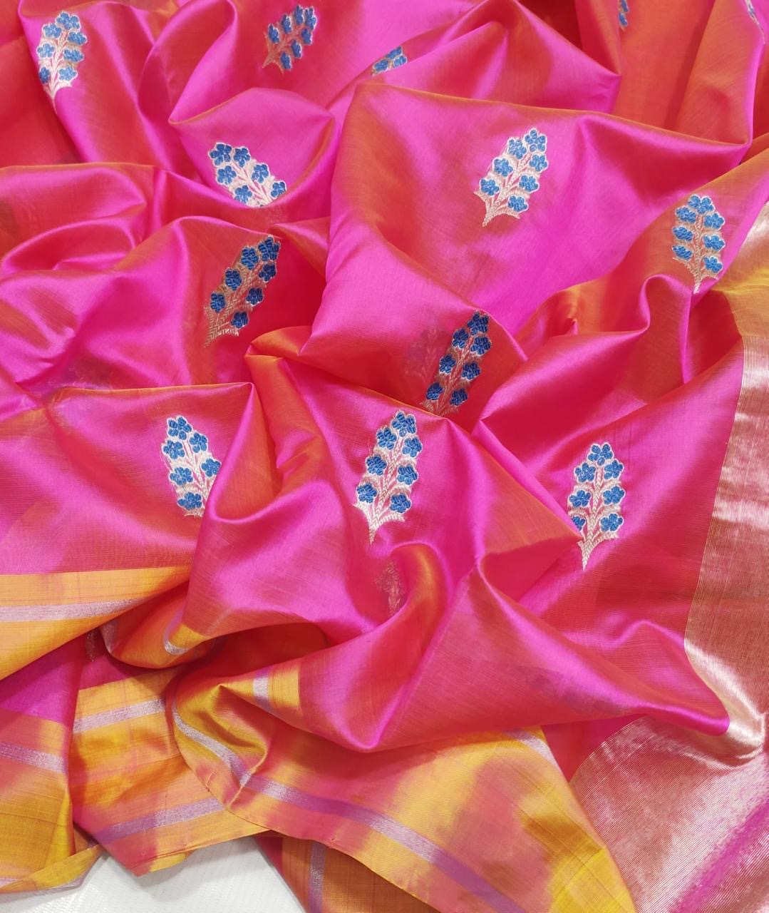 Rani pink Chanderi saree with glowing mustard-gold contrast border