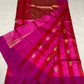 Rani pink Chanderi saree showing vivid red woven stripe details