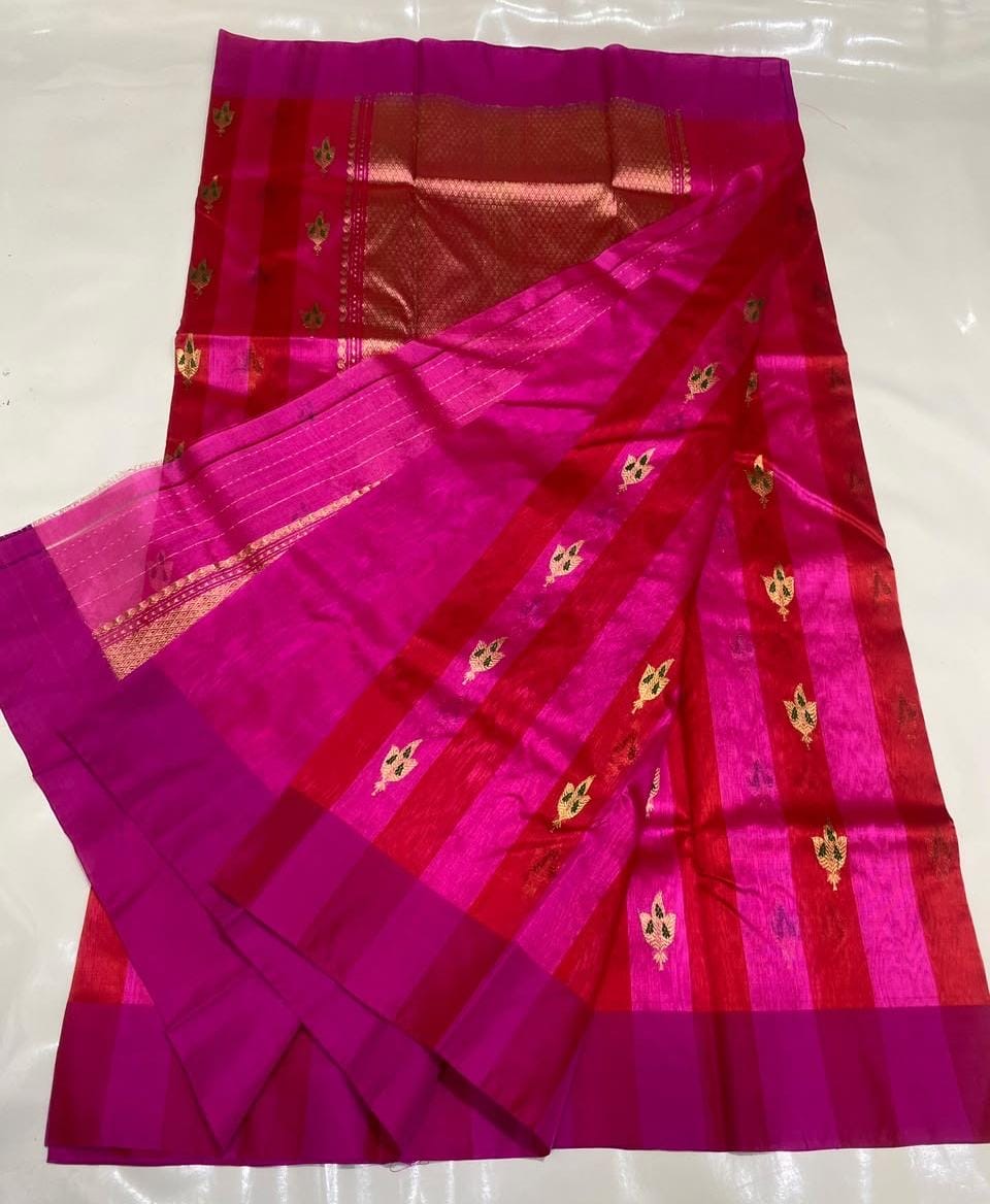 Rani pink Chanderi saree showing vivid red woven stripe details