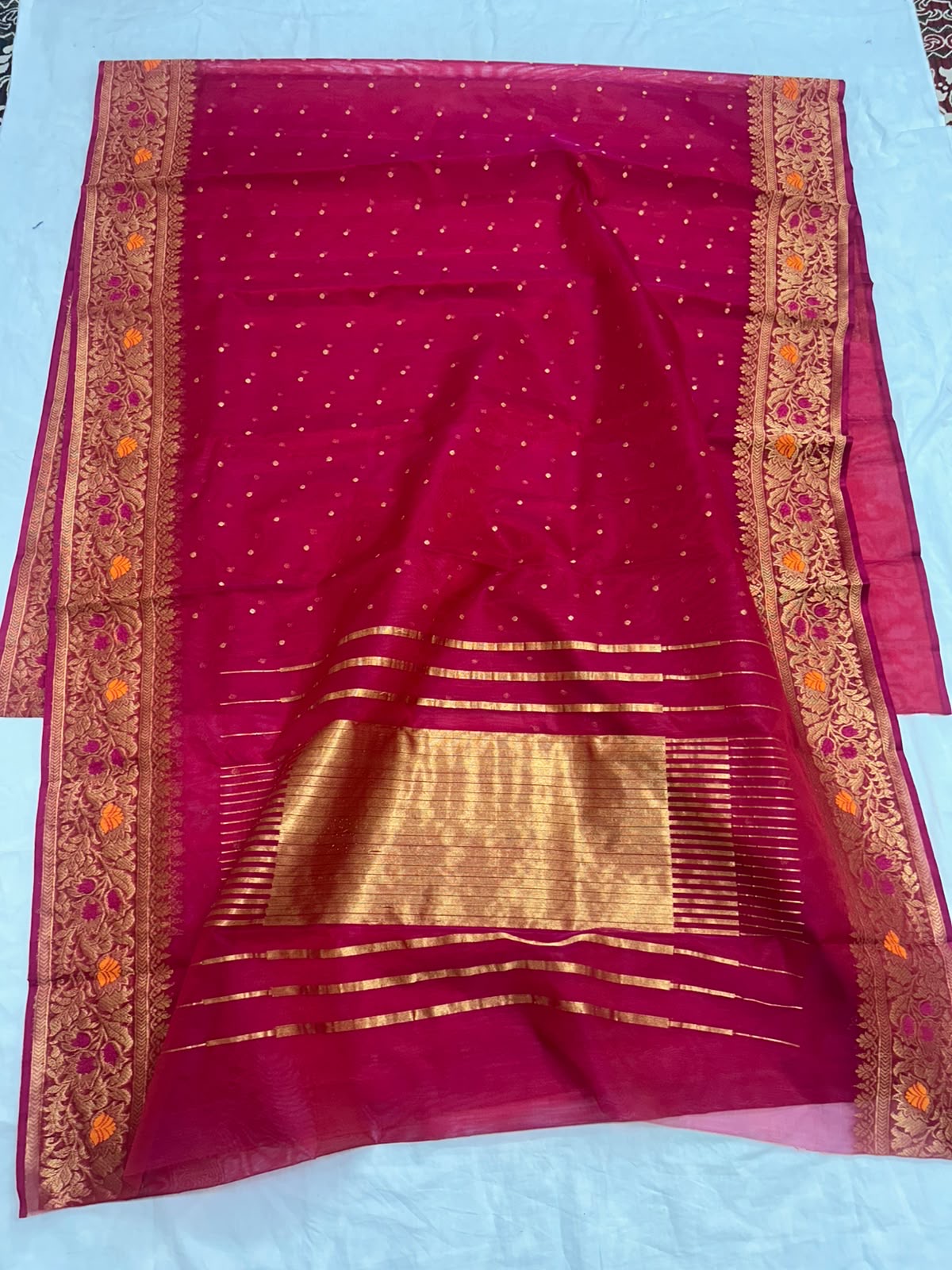 Rani Pink Chanderi Tissue Pattu Silk saree with gold border