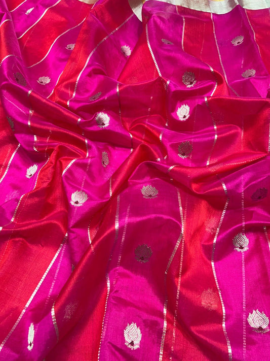 Vivid Rani Pure Silk Chanderi Saree draped view with Pink Border