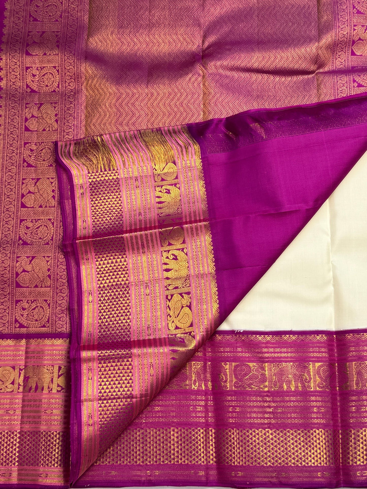 Rani pink gold zari Varisaipet border on ivory Kancheepuram silk saree