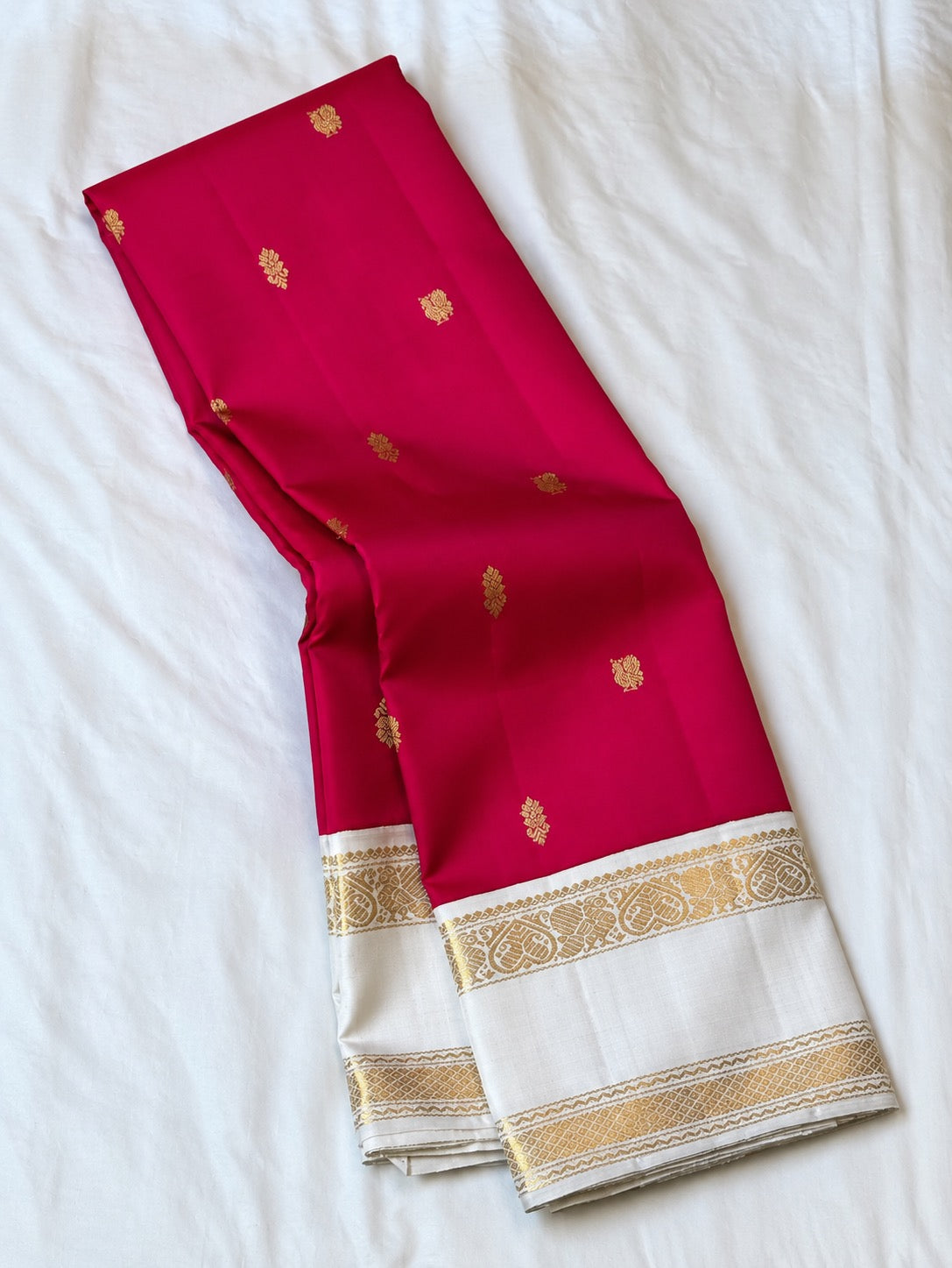 Rani pink Kancheepuram Rettapet silk saree with ivory border
