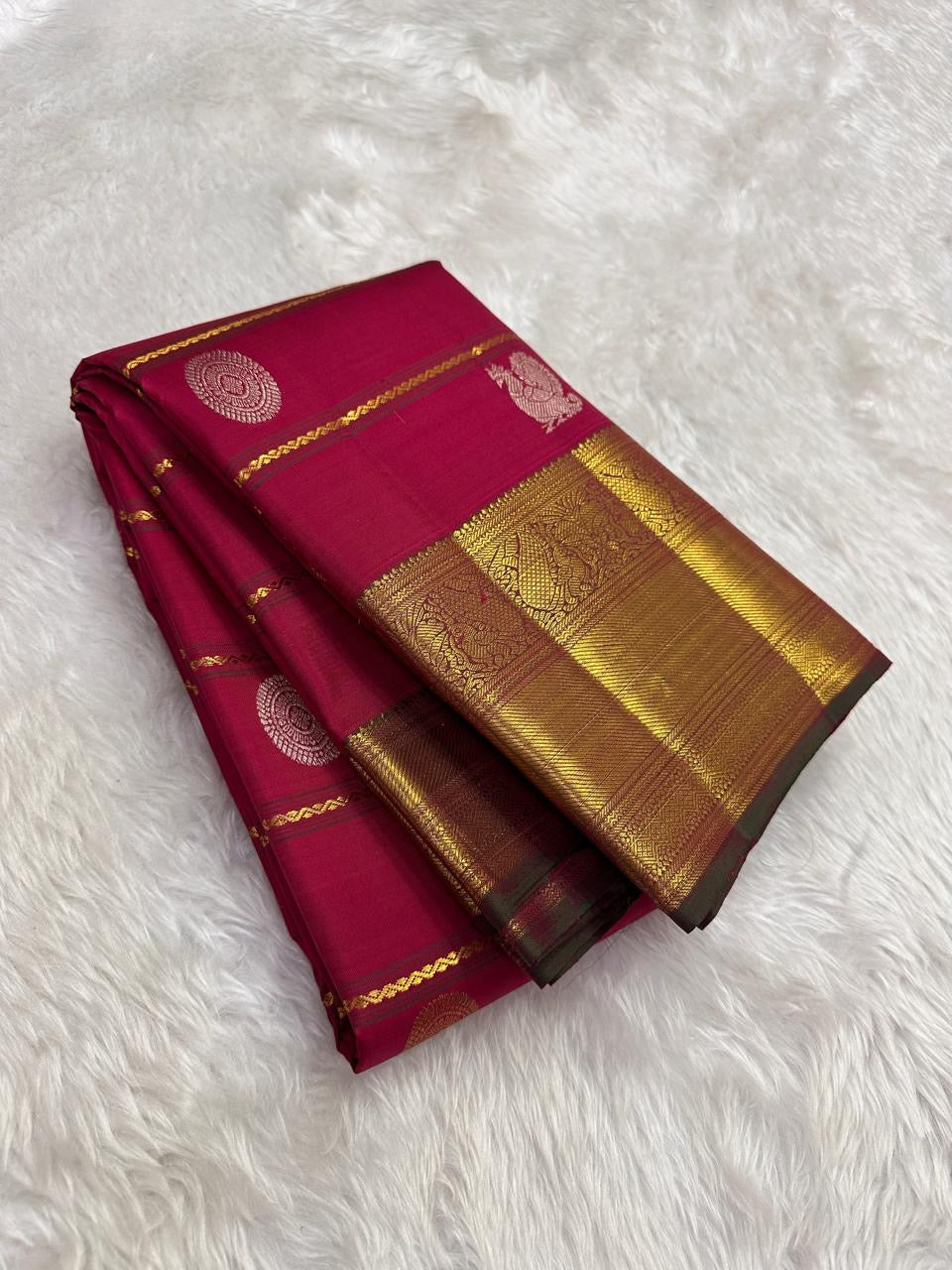 Rani pink Kancheepuram saree with antique gold Veldhari Korvai border — Idam Living